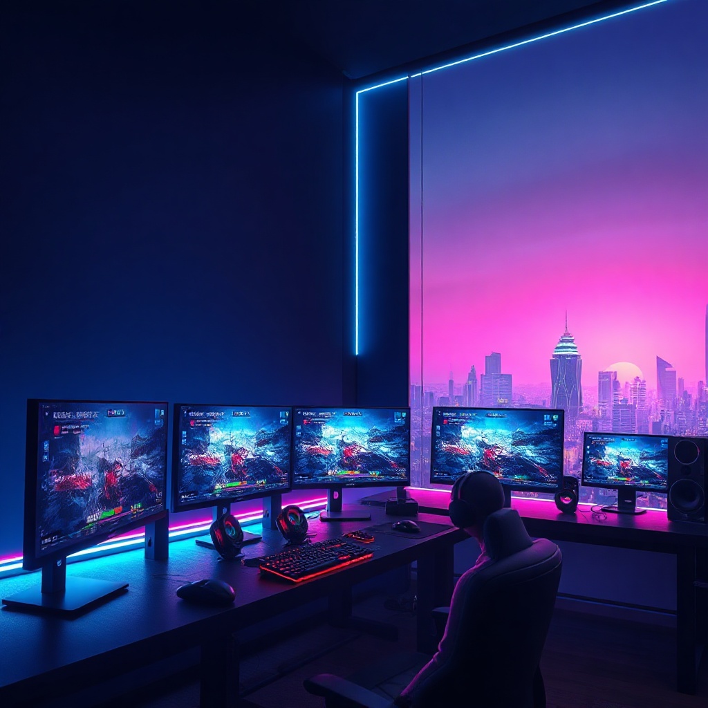 Gaming setup with neon lights and Seoul skyline