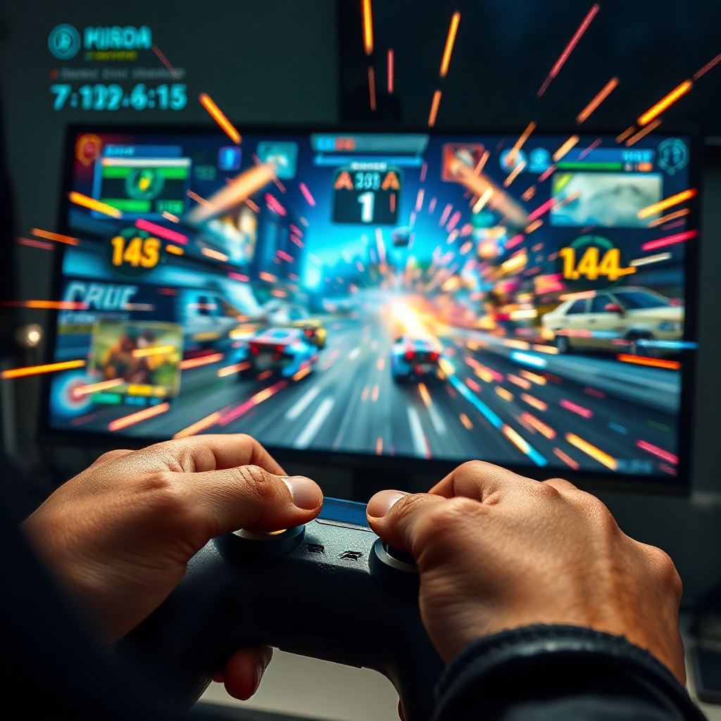 Close-up of fast-paced game action with HUD and controllers