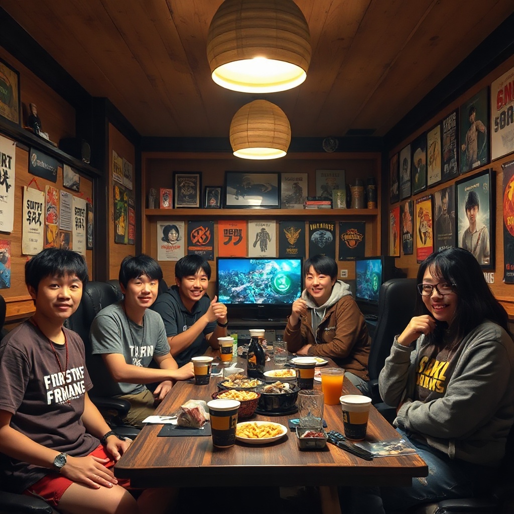 Korean PC bang interior with friends gaming and socializing